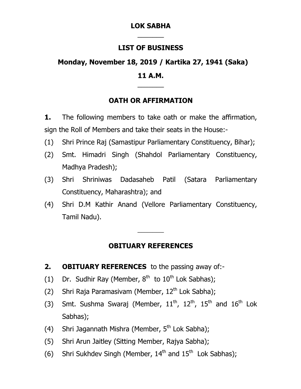 LOK SABHA ___LIST of BUSINESS Monday, November 18