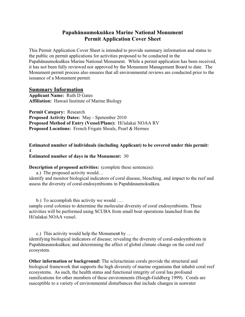 Papahānaumokuākea Marine National Monument Permit Application Cover Sheet