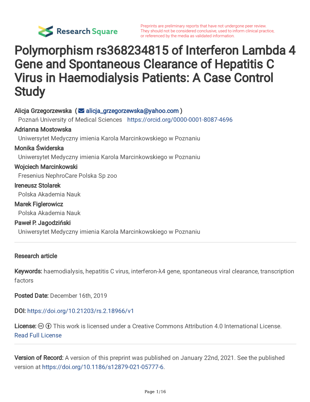 Polymorphism Rs368234815 of Interferon Lambda 4 Gene and Spontaneous Clearance of Hepatitis C Virus in Haemodialysis Patients: a Case Control Study