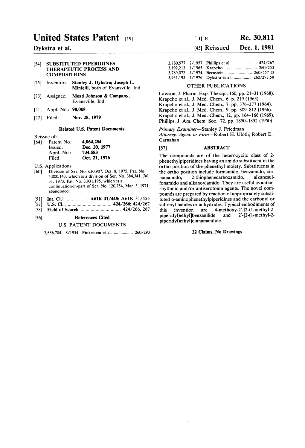 United States Patent [19] [11] 15 Re. 30,811 Dykstra Et A1