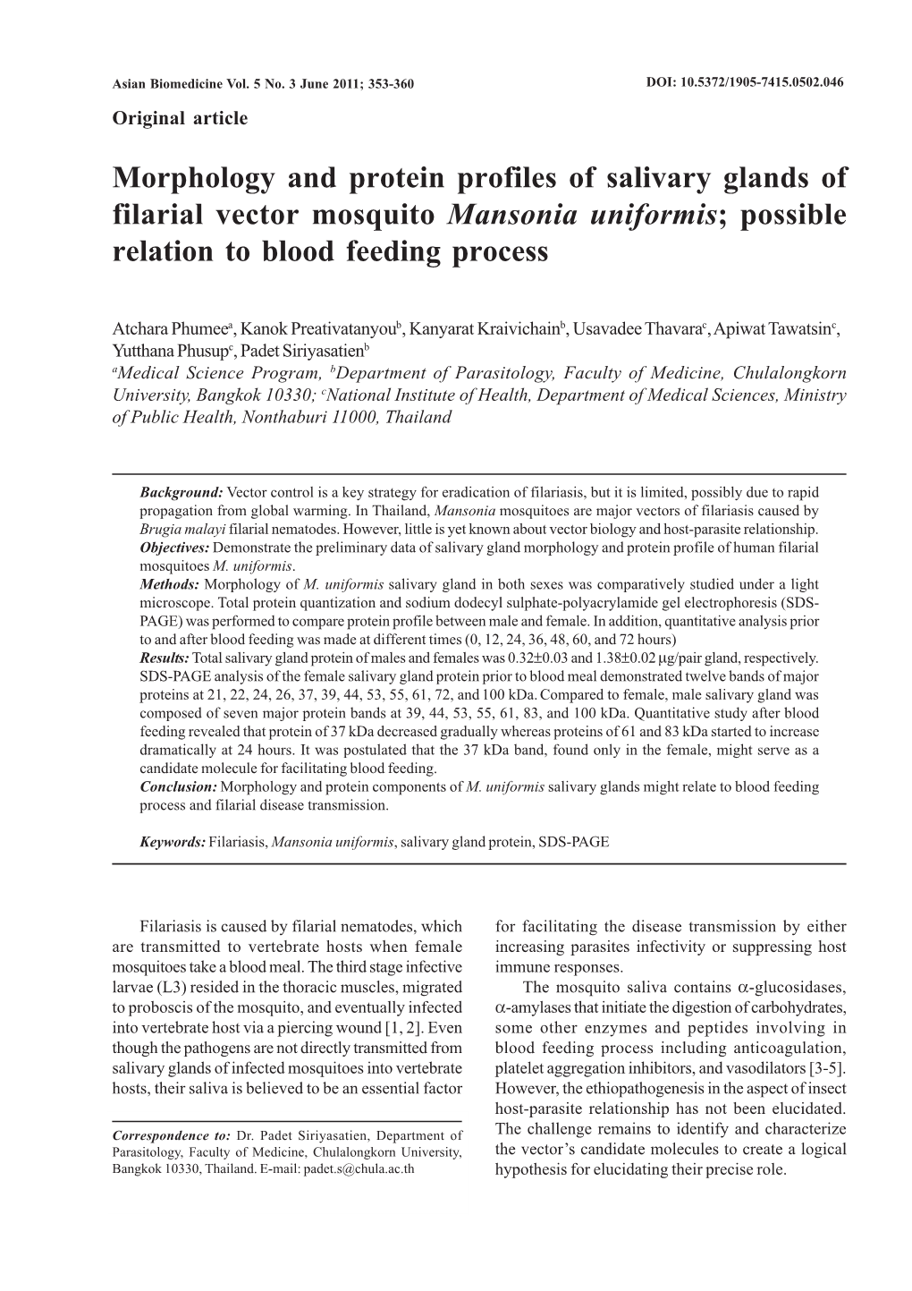 Morphology and Protein Profiles of Salivary Glands of Filarial Vector Mosquito Mansonia Uniformis; Possible Relation to Blood Feeding Process