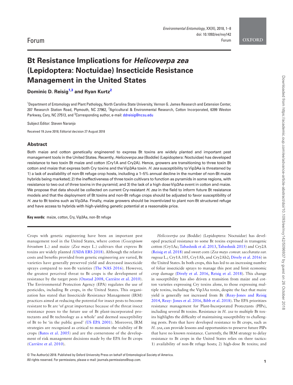 Bt Resistance Implications for Helicoverpa Zea (Lepidoptera