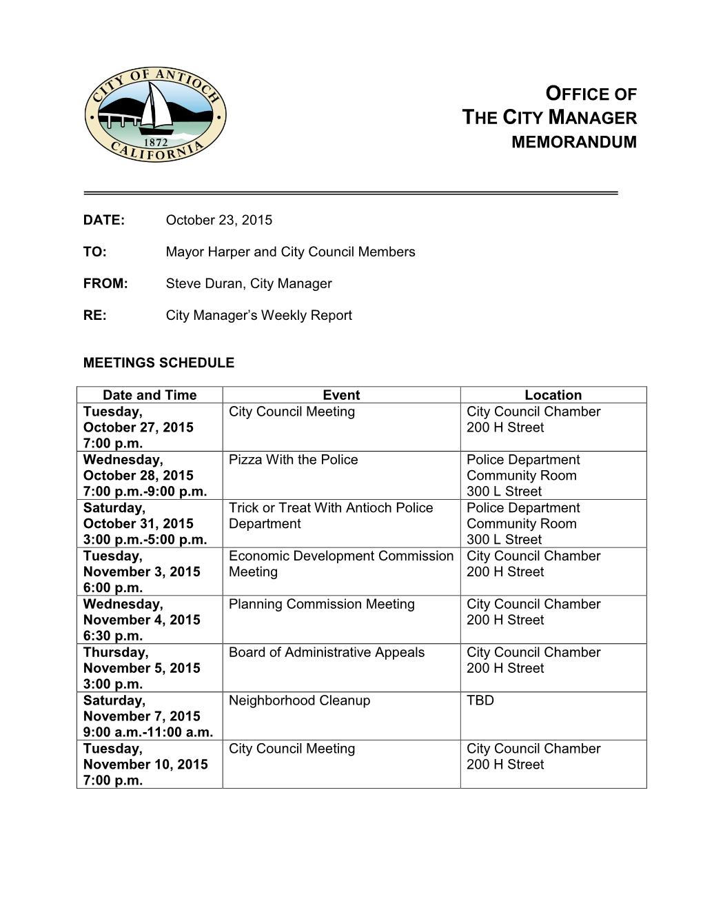 Office of the City Manager Memorandum