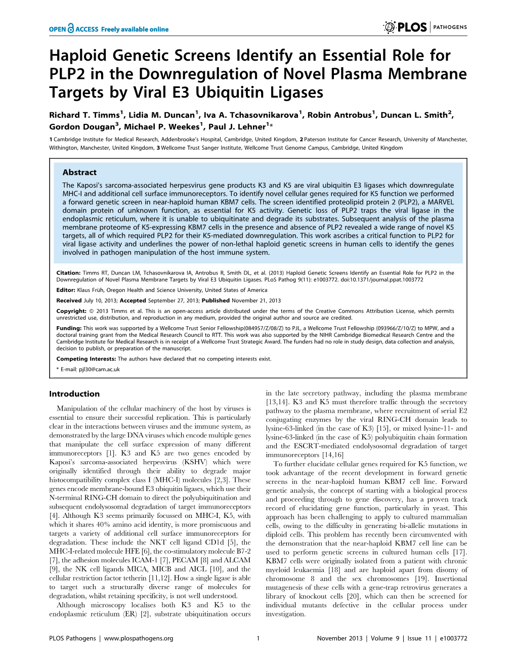 Haploid Genetic Screens Identify an Essential Role for PLP2 in the Downregulation of Novel Plasma Membrane Targets by Viral E3 Ubiquitin Ligases