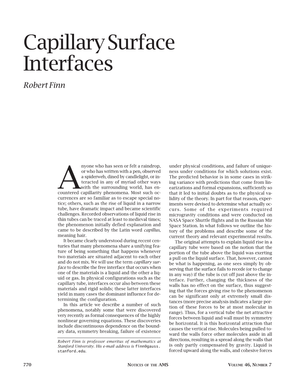 Capillary Surface Interfaces, Volume 46, Number 7