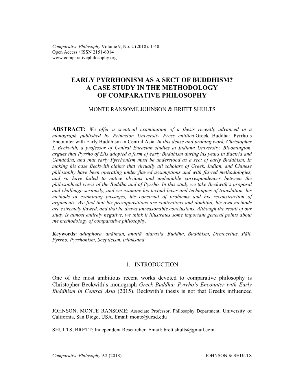 Early Pyrrhonism As a Sect of Buddhism? a Case Study in the Methodology of Comparative Philosophy