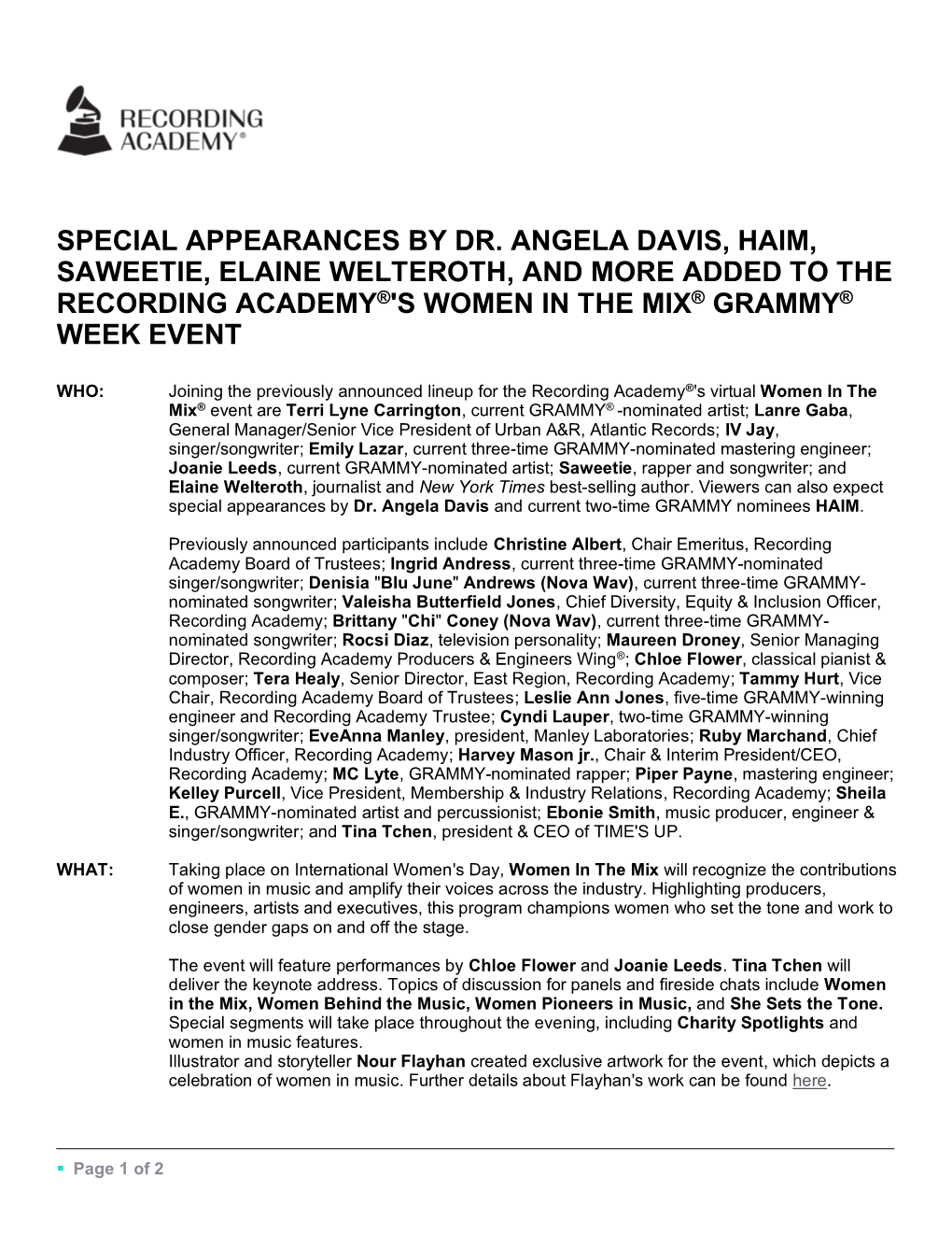 Special Appearances by Dr. Angela Davis, Haim, Saweetie, Elaine Welteroth, and More Added to the Recording Academy®'S Women in the Mix® Grammy® Week Event