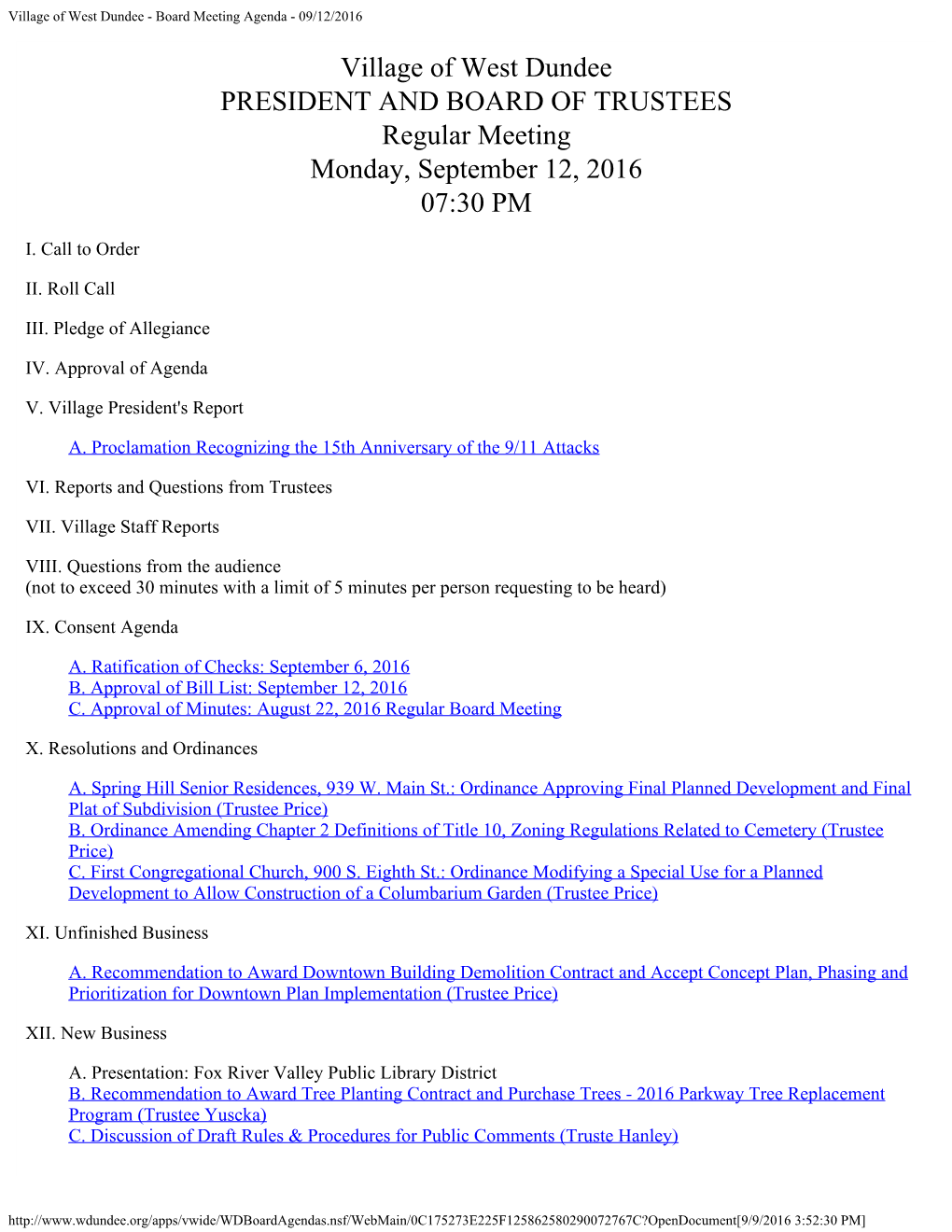 Village of West Dundee - Board Meeting Agenda - 09/12/2016