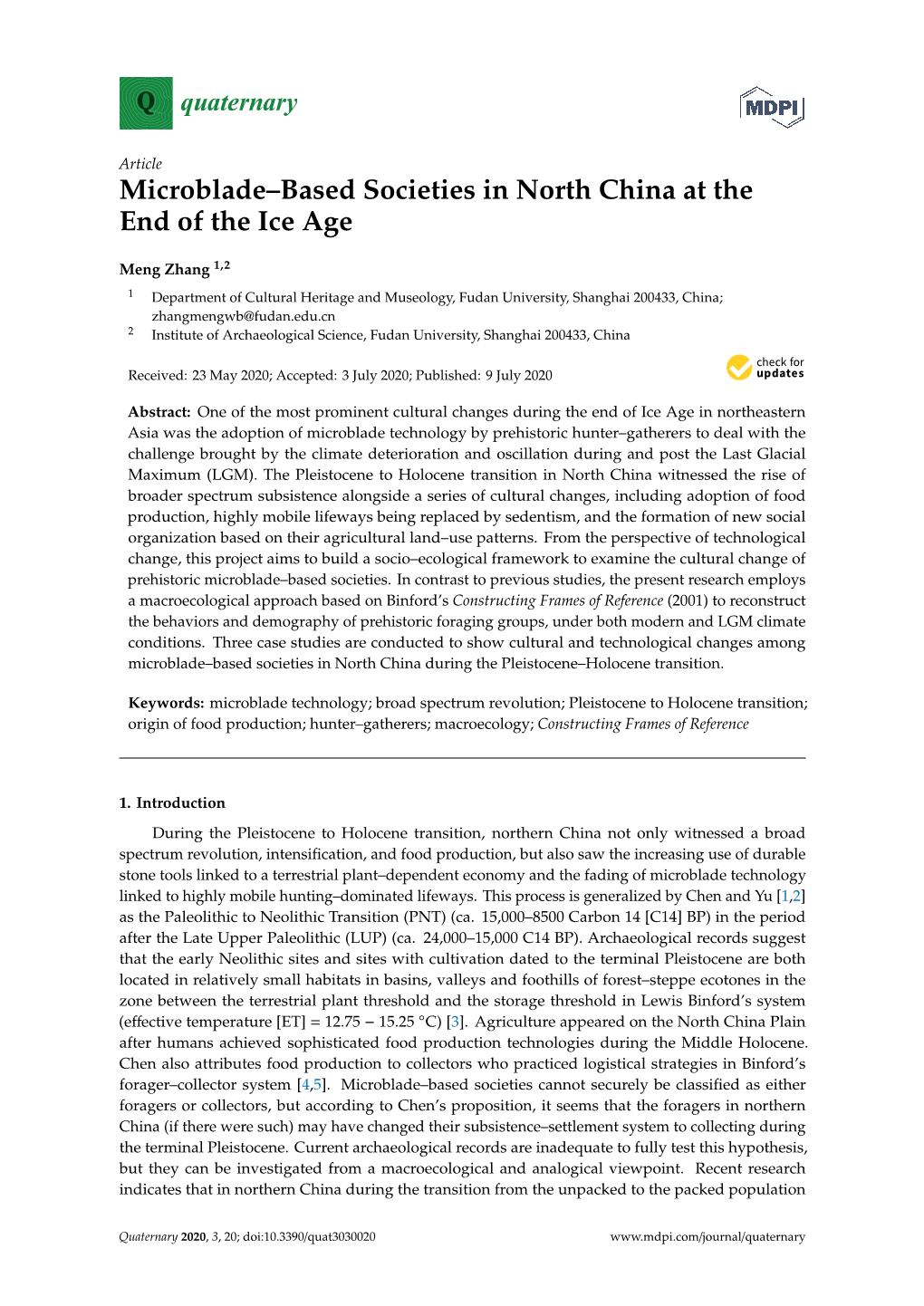 Microblade–Based Societies in North China at the End of the Ice Age