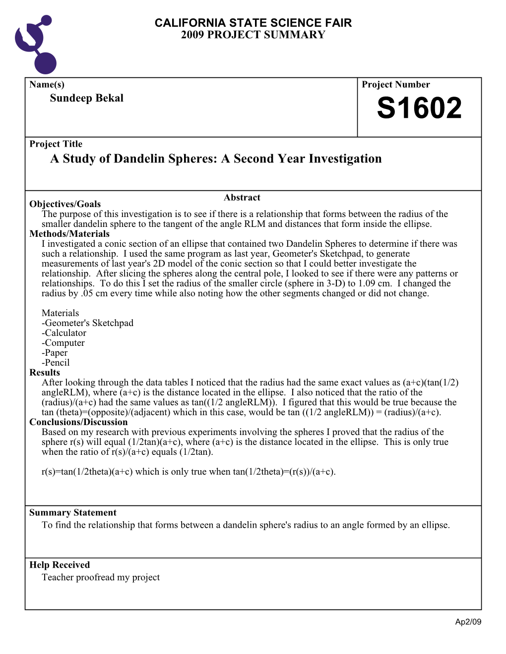 A Study of Dandelin Spheres: a Second Year Investigation