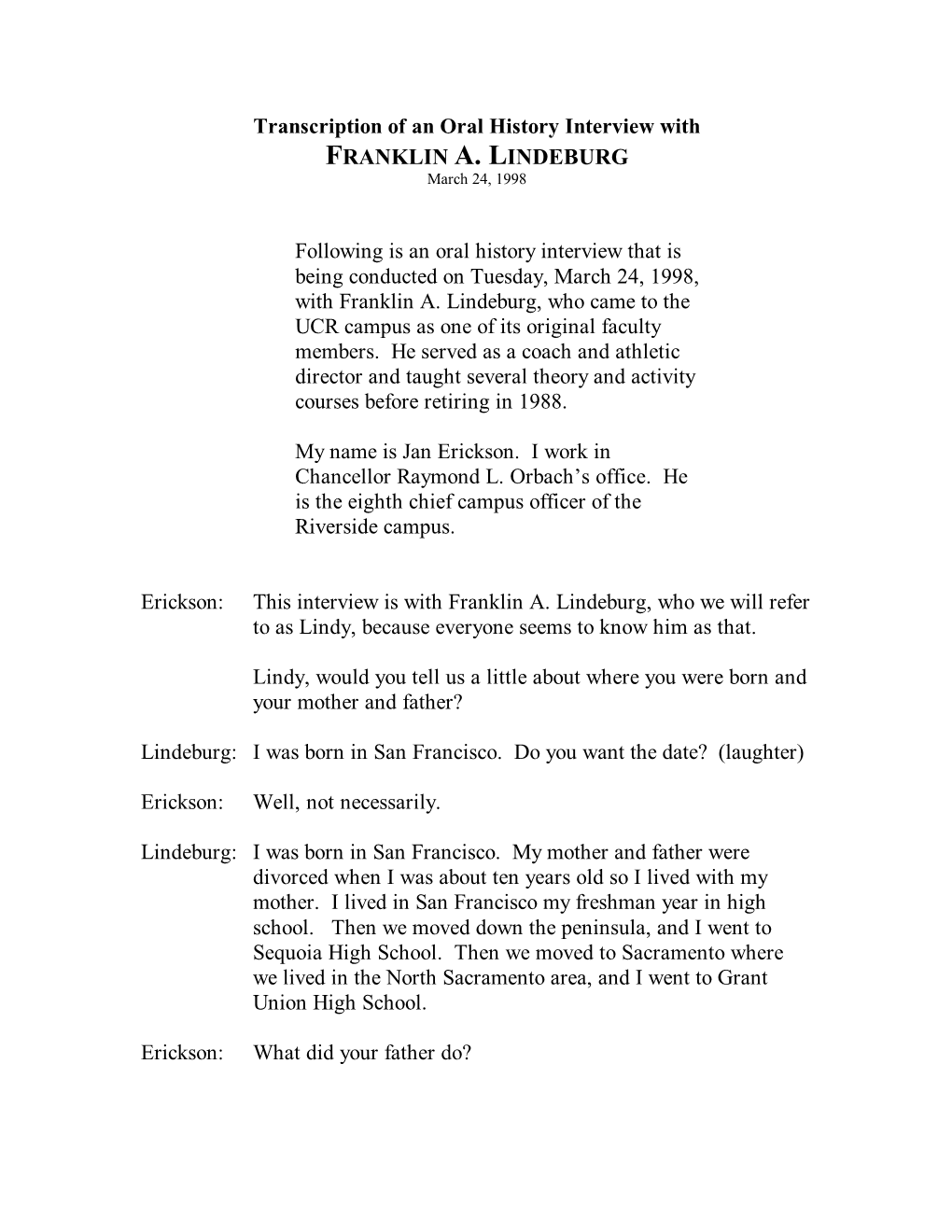 FRANKLIN A. LINDEBURG March 24, 1998