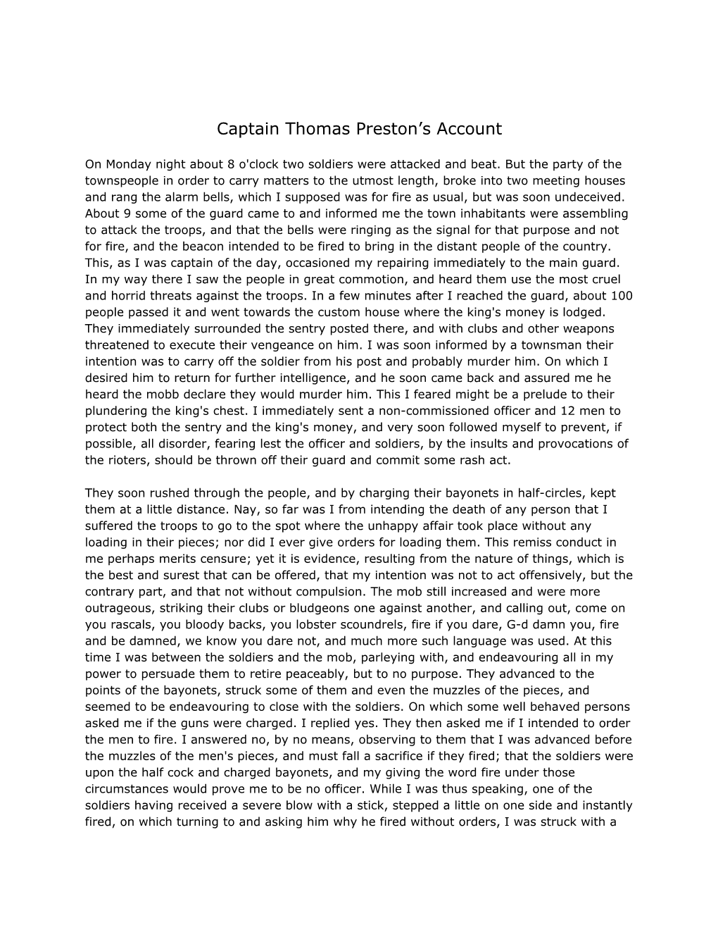 Captain Thomas Preston S Account