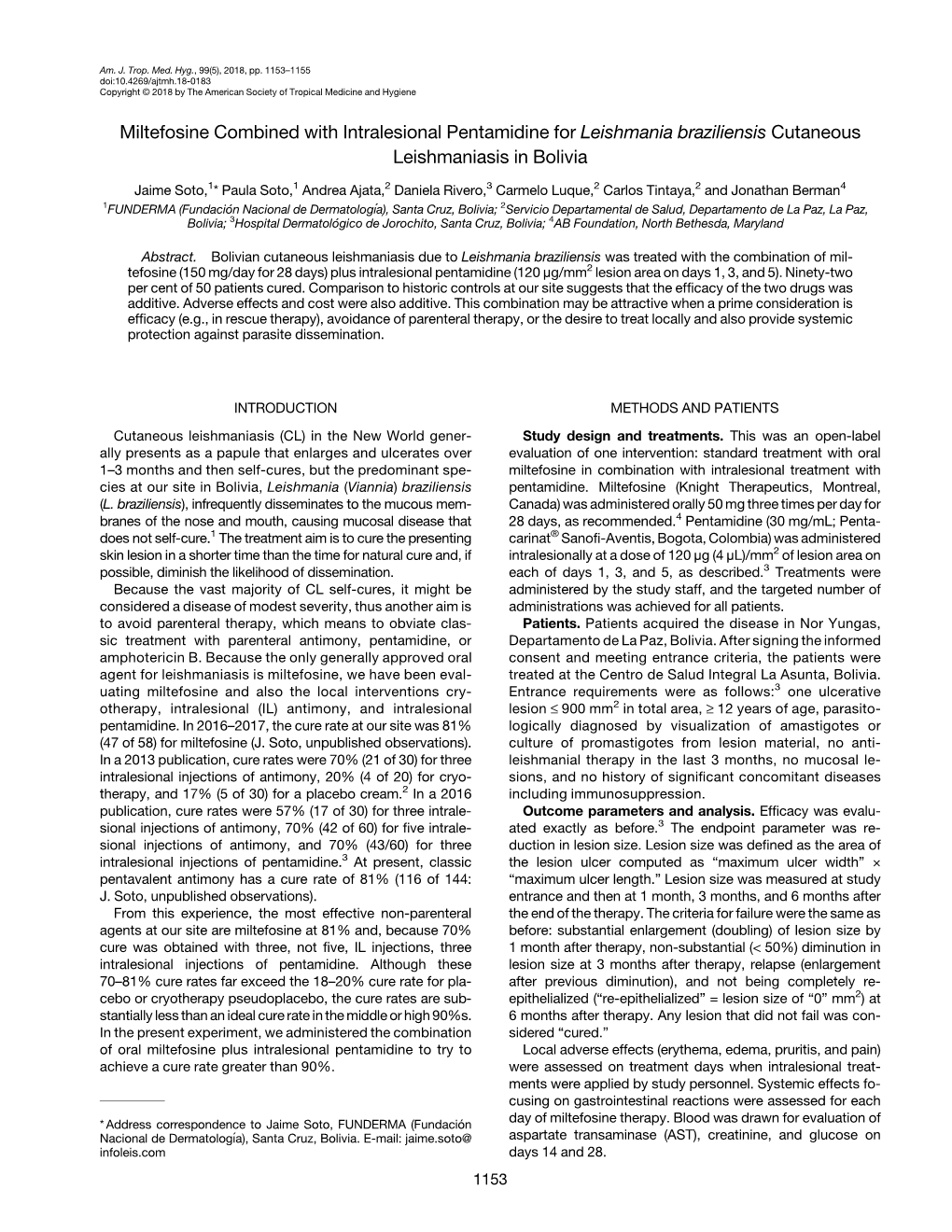 Miltefosine Combined with Intralesional Pentamidine for Leishmania Braziliensis Cutaneous Leishmaniasis in Bolivia