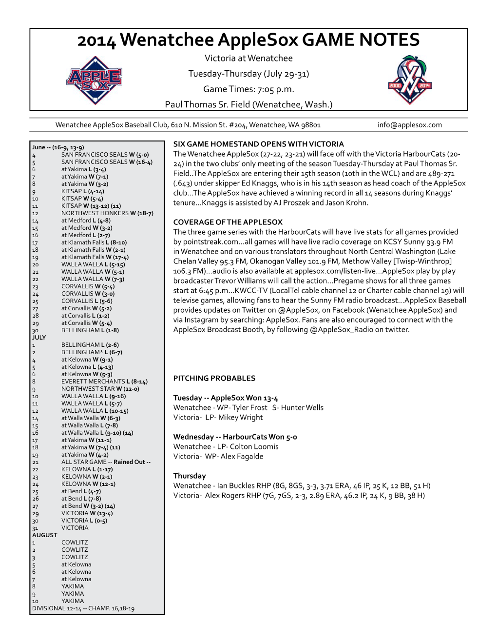 2014 Wenatchee Applesox GAME NOTES Victoria at Wenatchee Tuesday-Thursday (July 29-31) Game Times: 7:05 P.M