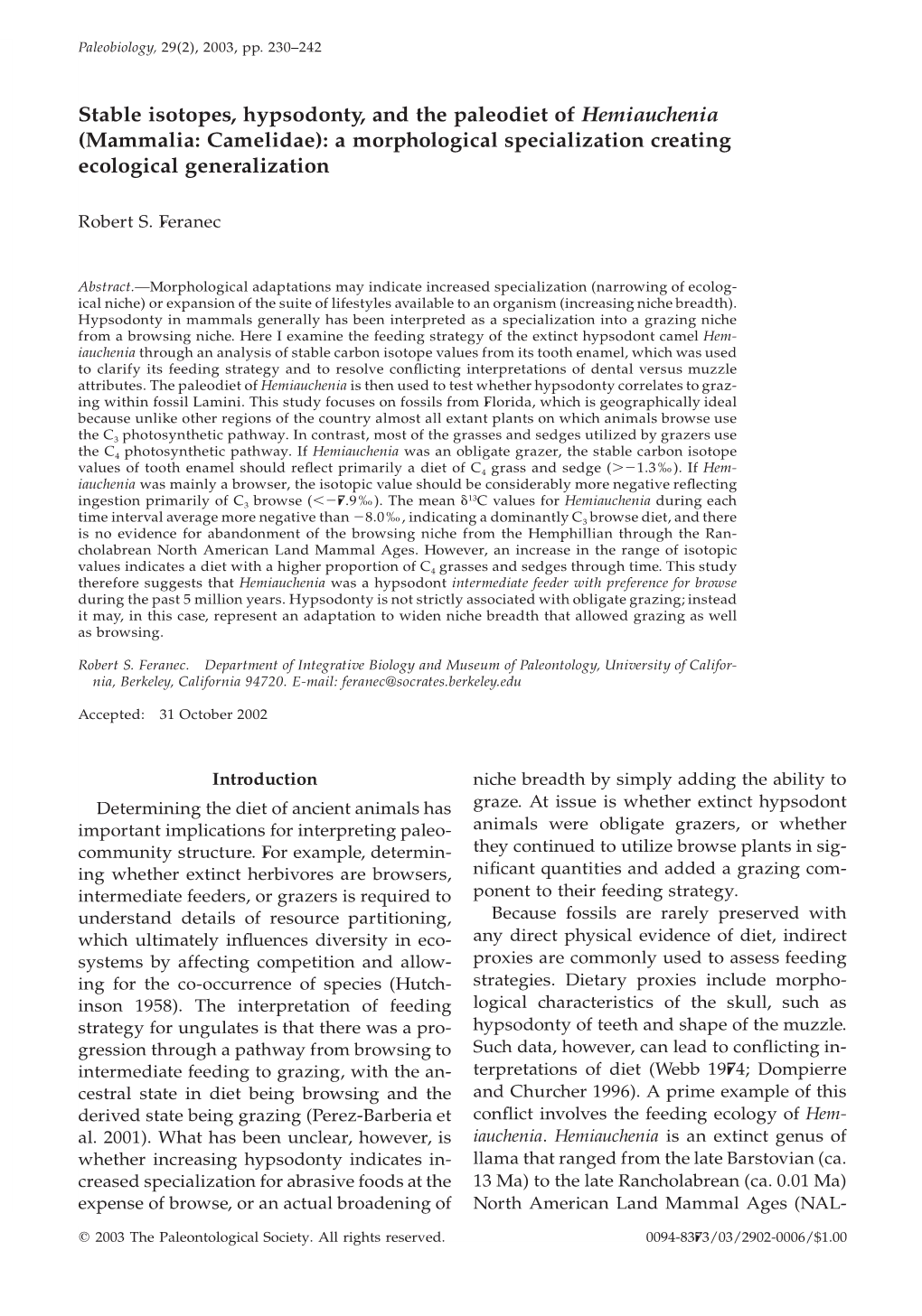 Stable Isotopes, Hypsodonty, and the Paleodiet of Hemiauchenia (Mammalia: Camelidae): a Morphological Specialization Creating Ecological Generalization