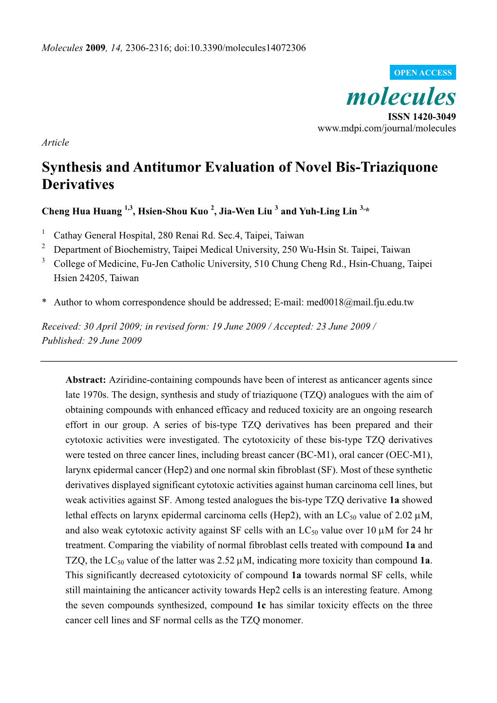 Synthesis and Antitumor Evaluation of Novel Bis-Triaziquone Derivatives