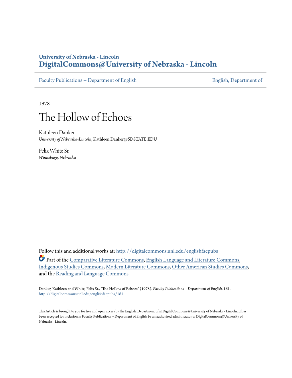 The Hollow of Echoes Kathleen Danker Felix White, Sr