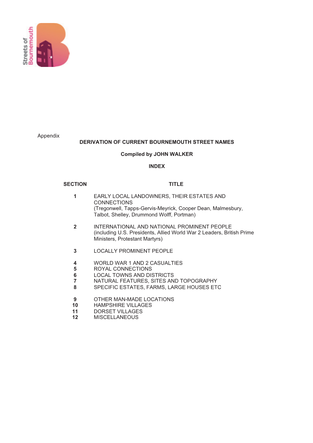 Appendix DERIVATION of CURRENT BOURNEMOUTH STREET NAMES