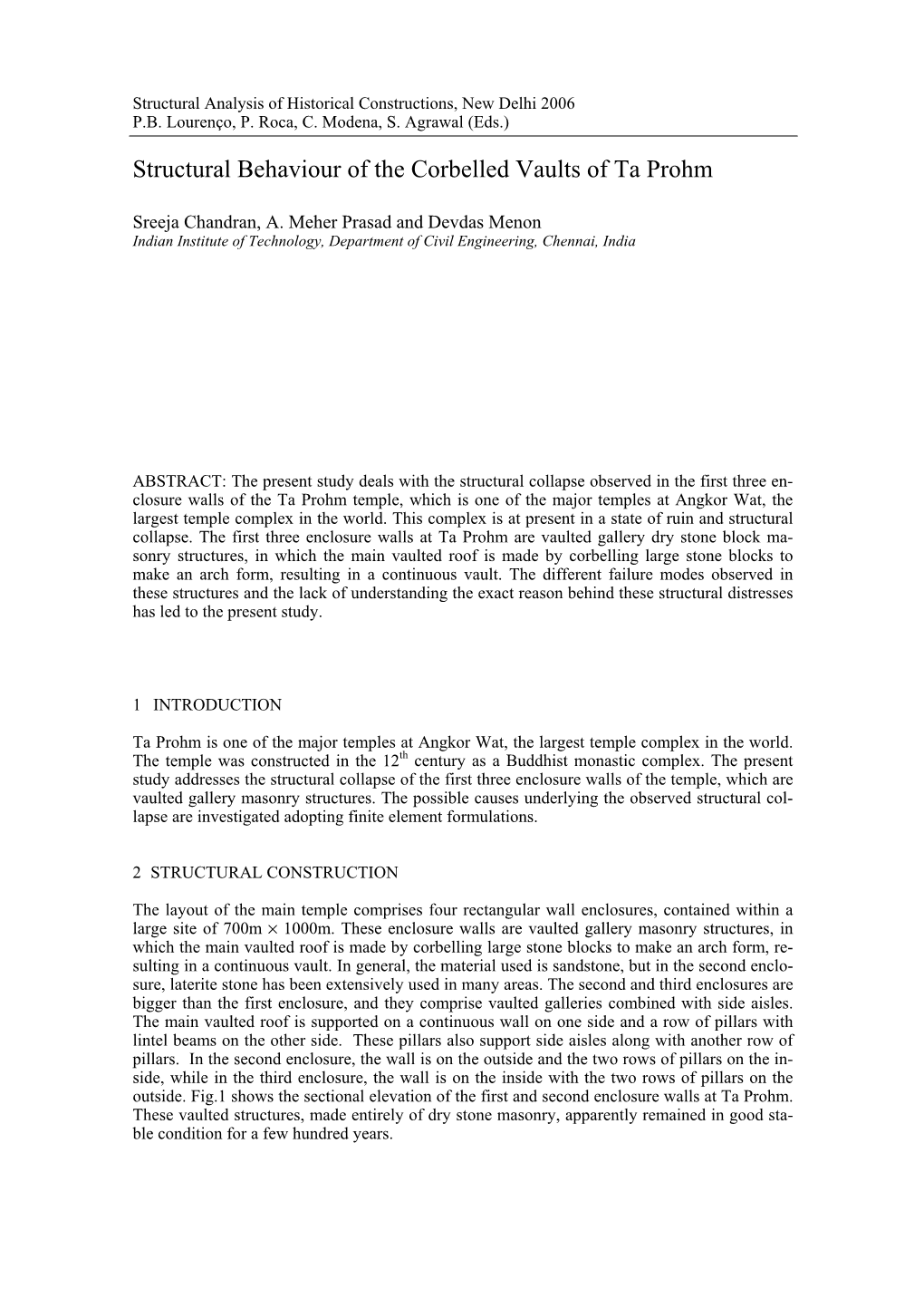 Structural Behaviour of the Corbelled Vaults of Ta Prohm