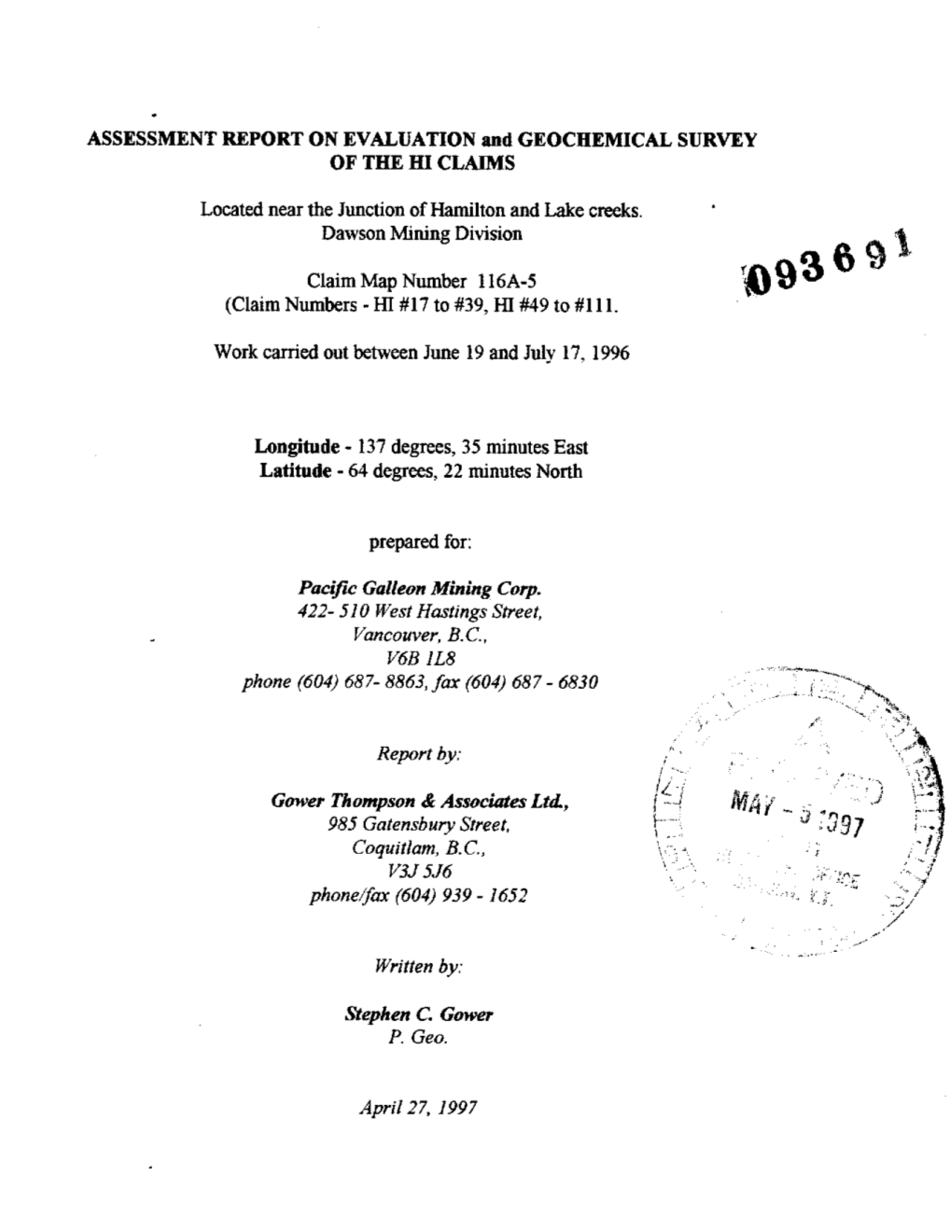 ASSESSMENT REPORT on EVALUATION and GEOCHEMICAL SURVEY of the HI CLAIMS