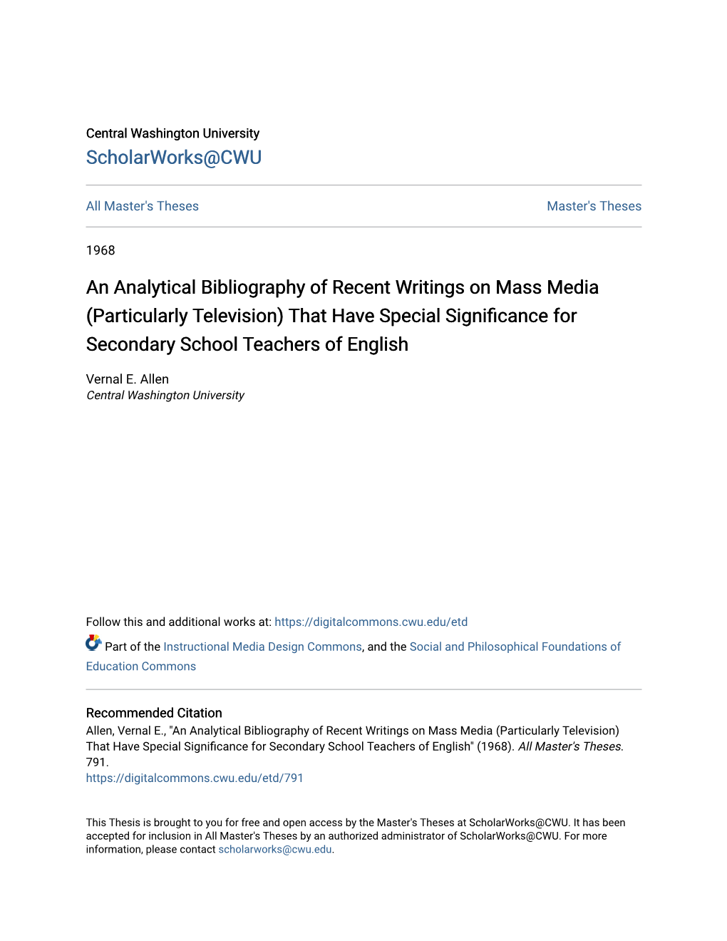 An Analytical Bibliography of Recent Writings on Mass Media (Particularly Television) That Have Special Significance for Secondary School Teachers of English