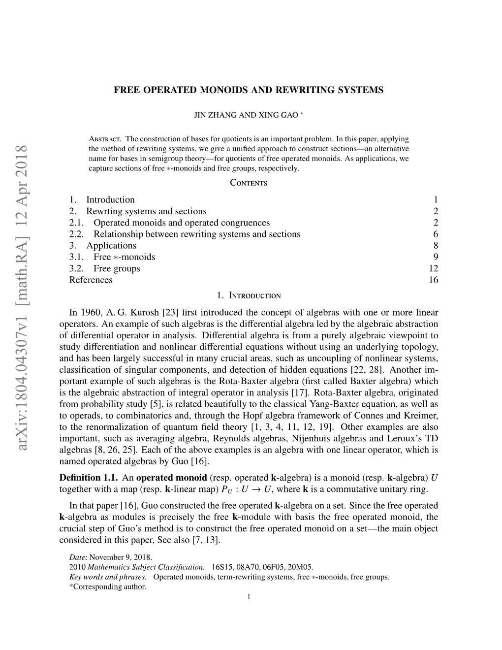 Arxiv:1804.04307V1 [Math.RA] 12 Apr 2018 Prtr.A Xml Fsc Lersi H Di the Di Is Algebras of Such of Example an Operators