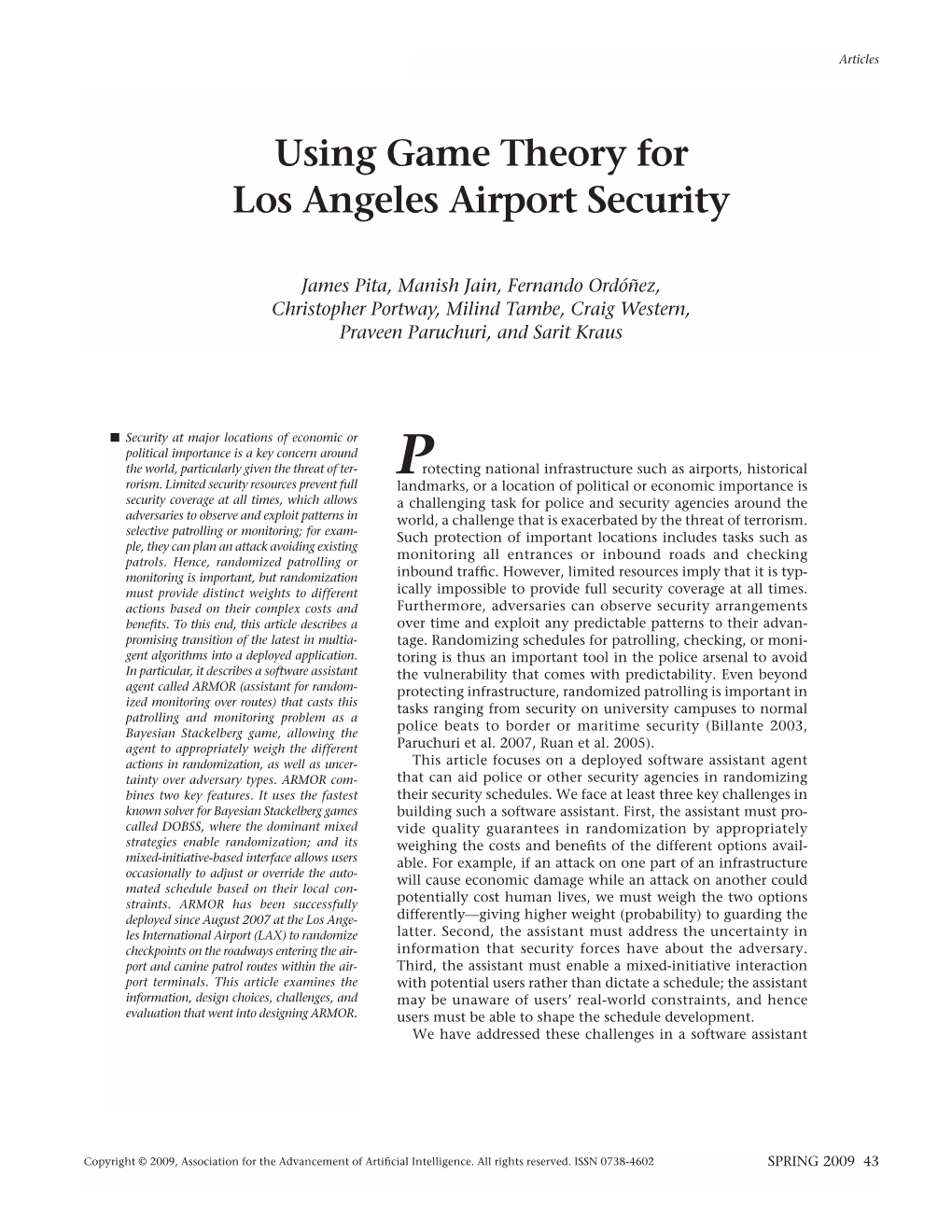 Using Game Theory for Los Angeles Airport Security