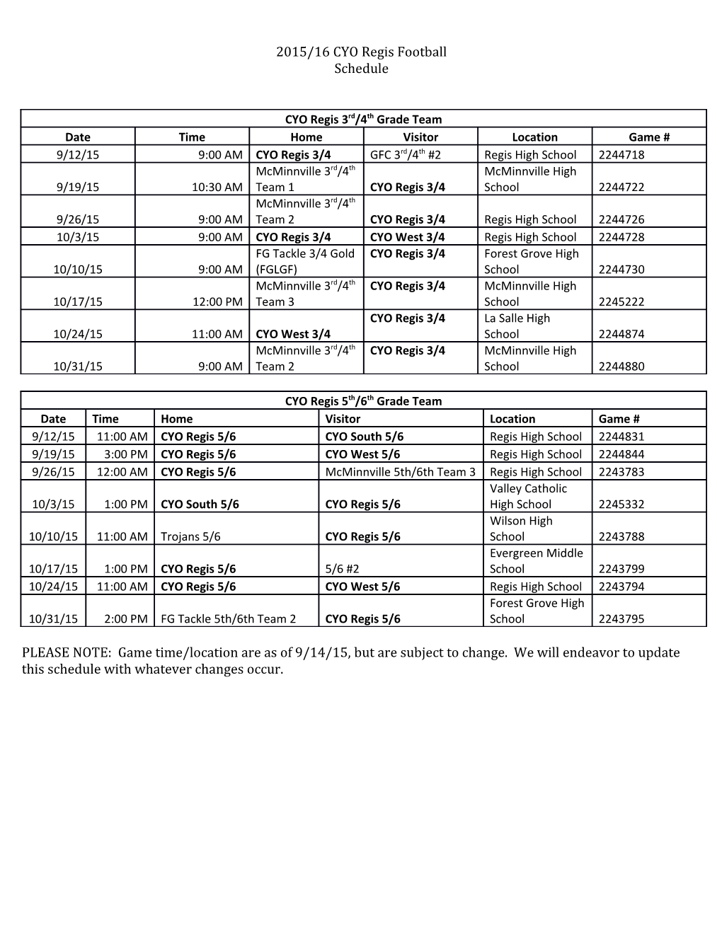 2015/16 CYO Regis Football