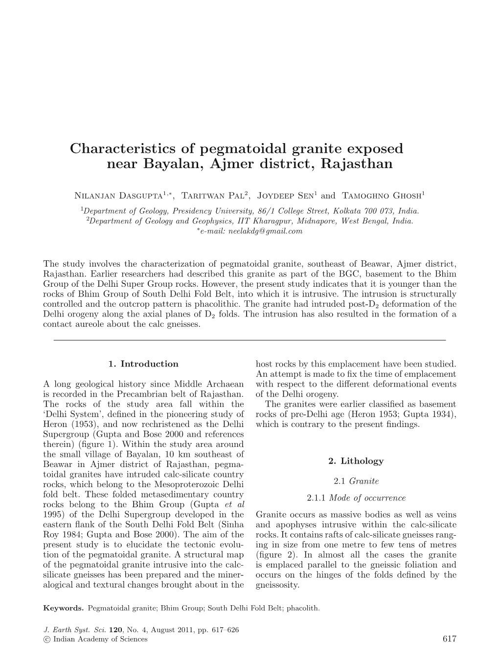 Characteristics of Pegmatoidal Granite Exposed Near Bayalan, Ajmer District, Rajasthan