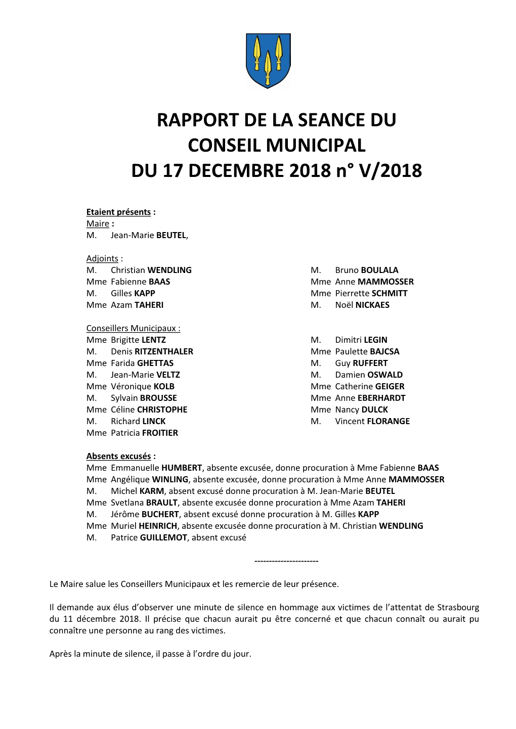 RAPPORT DE LA SEANCE DU CONSEIL MUNICIPAL DU 17 DECEMBRE 2018 N° V/2018