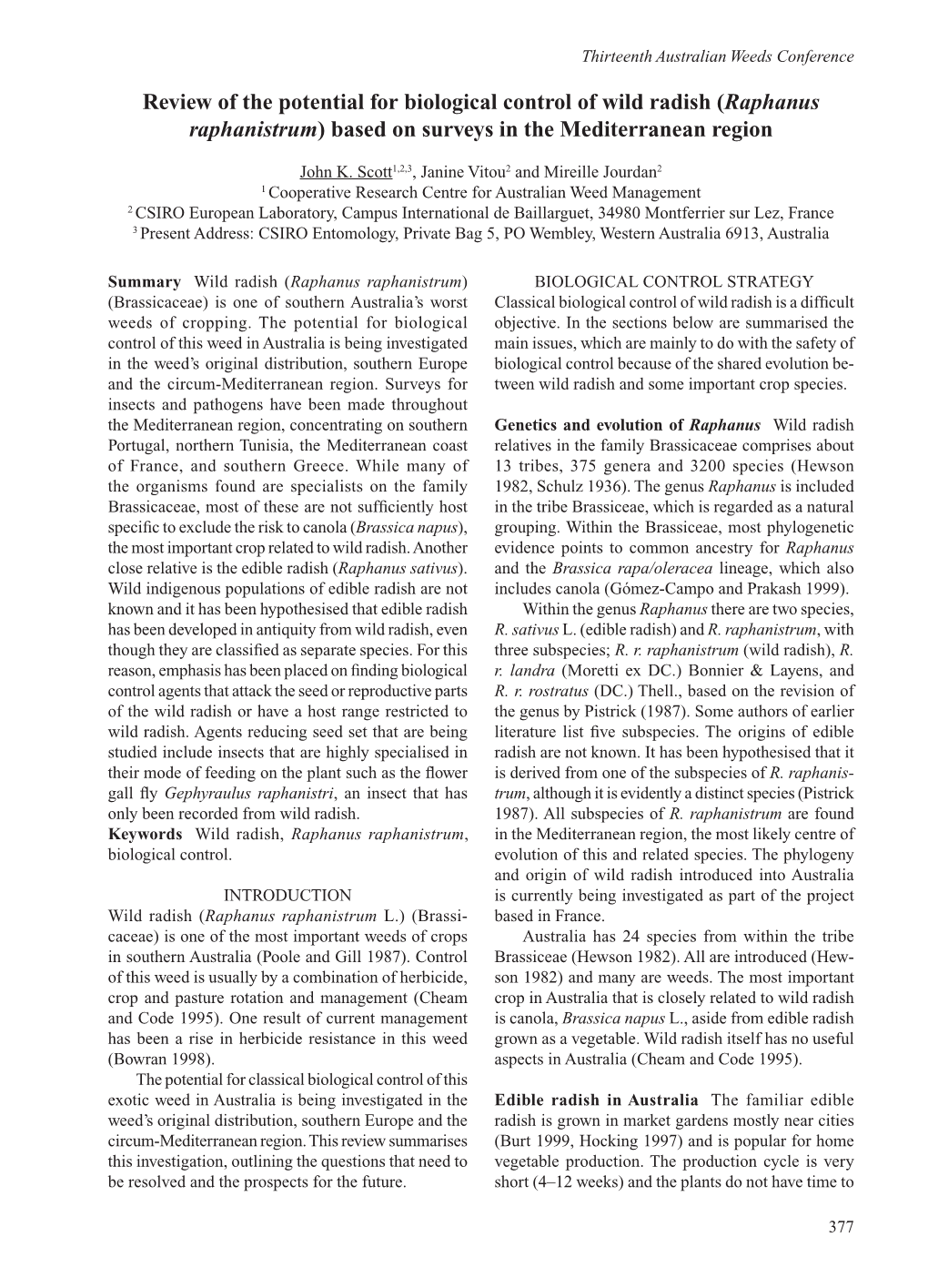 Review of the Potential for Biological Control of Wild Radish (Raphanus Raphanistrum) Based on Surveys in the Mediterranean Region