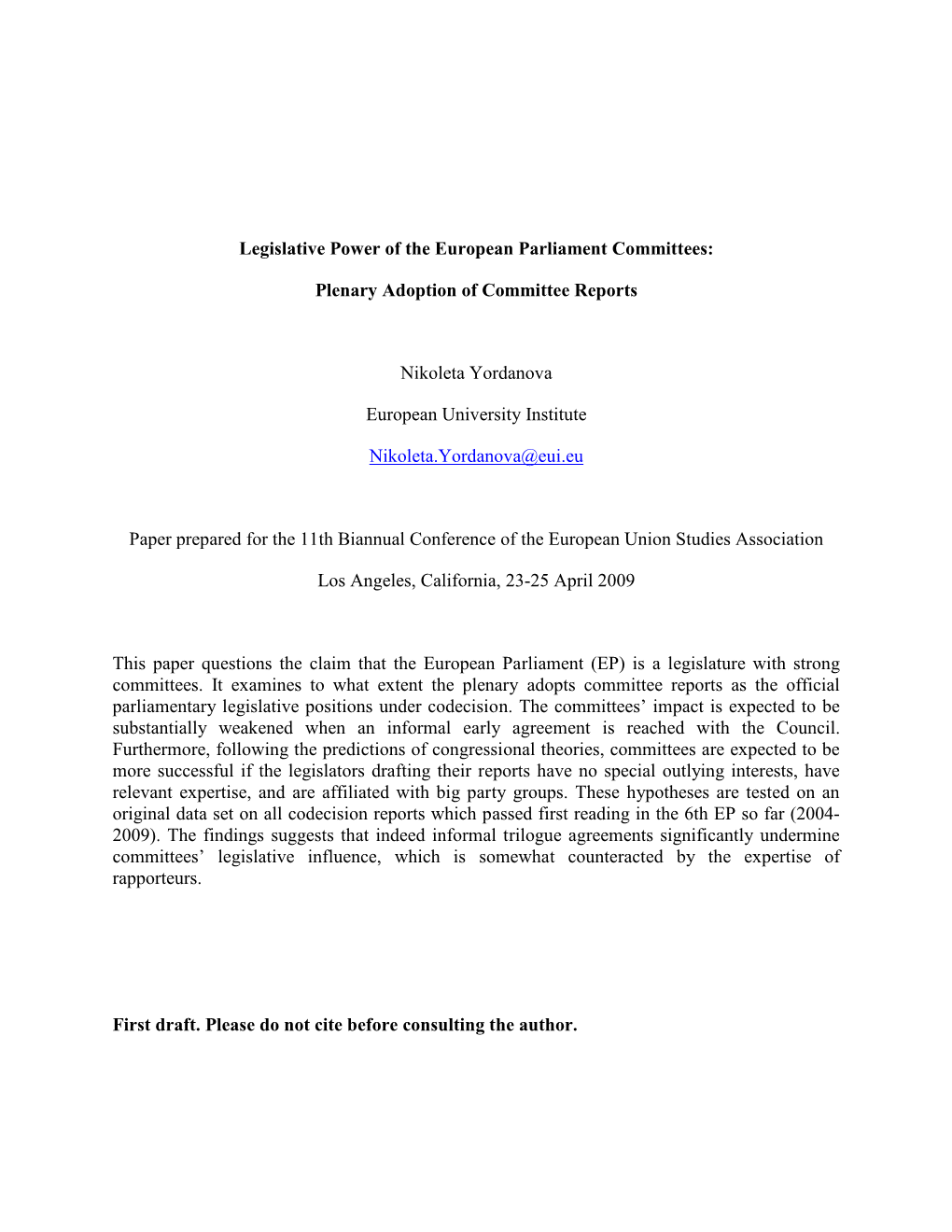 Legislative Power of the European Parliament Committees: Plenary