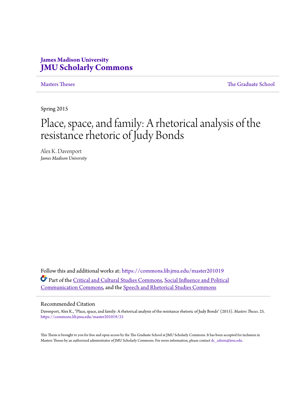 A Rhetorical Analysis of the Resistance Rhetoric of Judy Bonds Alex K