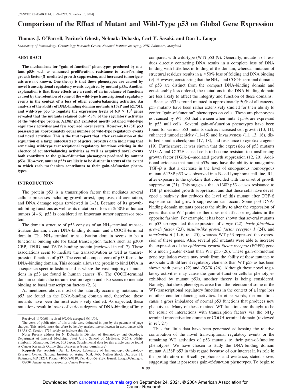 Comparison of the Effect of Mutant and Wild-Type P53 on Global Gene Expression