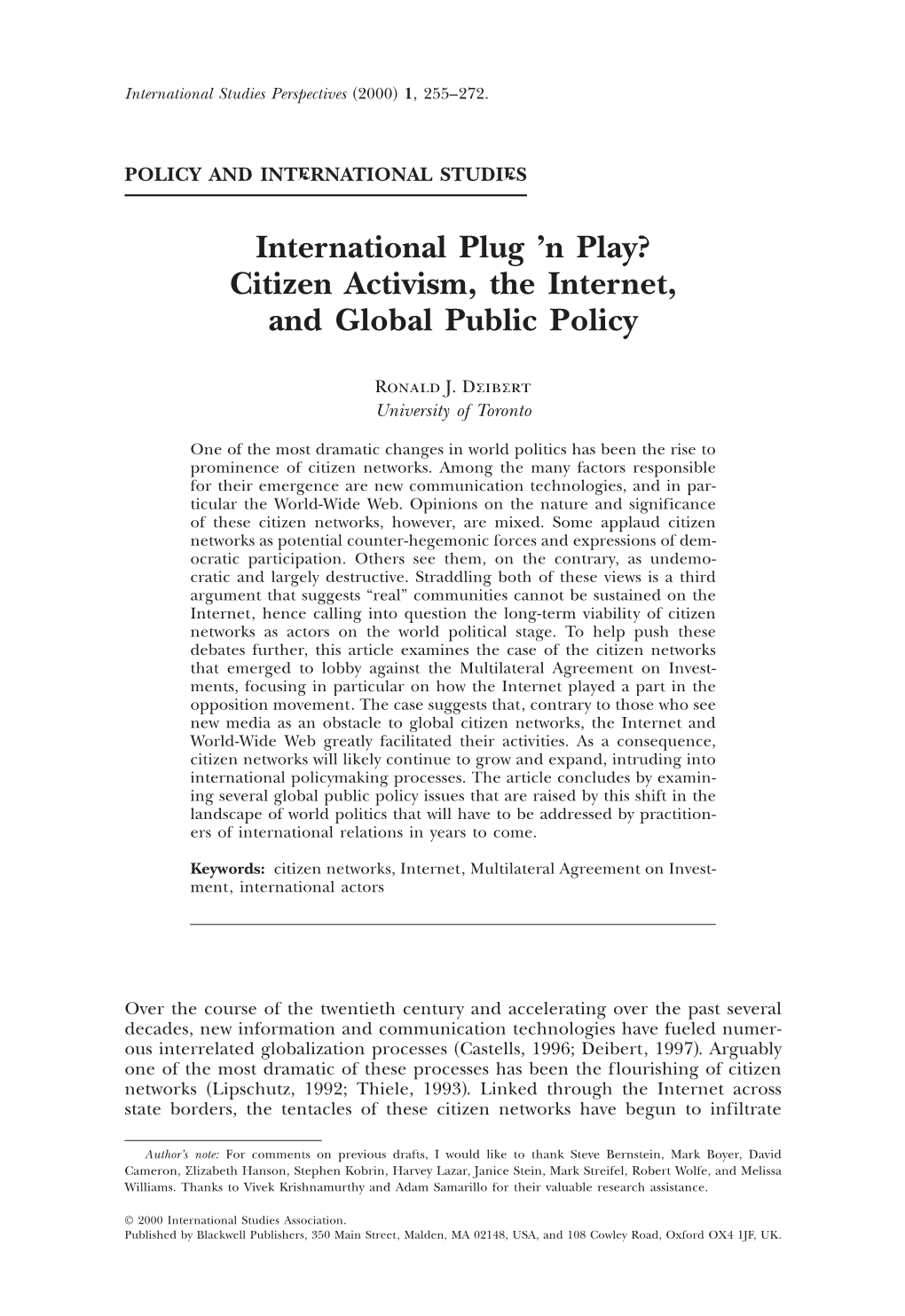 N Play? Citizen Activism, the Internet, and Global Public Policy