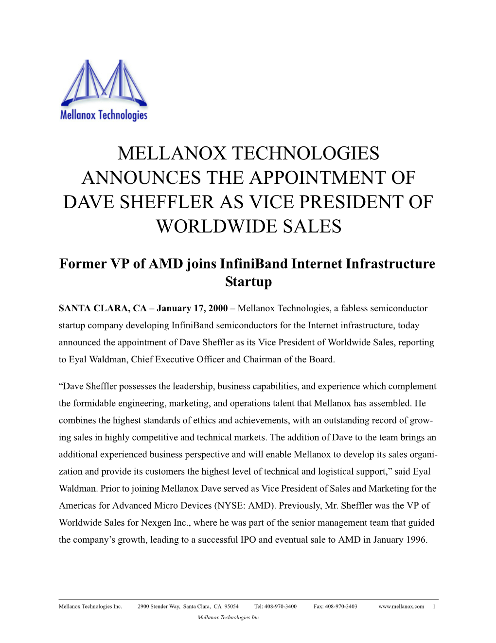 Mellanox Technologies Announces the Appointment of Dave Sheffler As Vice President of Worldwide Sales