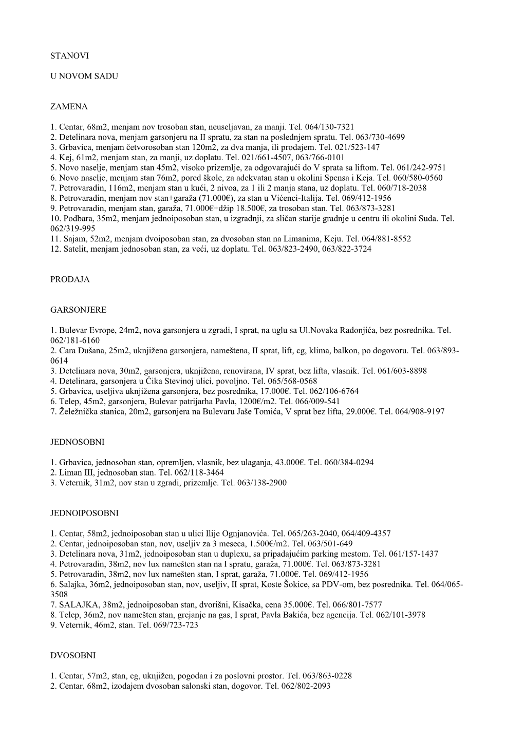 STANOVI U NOVOM SADU ZAMENA 1. Centar, 68M2, Menjam Nov Trosoban Stan, Neuseljavan, Za Manji. Tel. 064/130-7321 2. Detelinara No