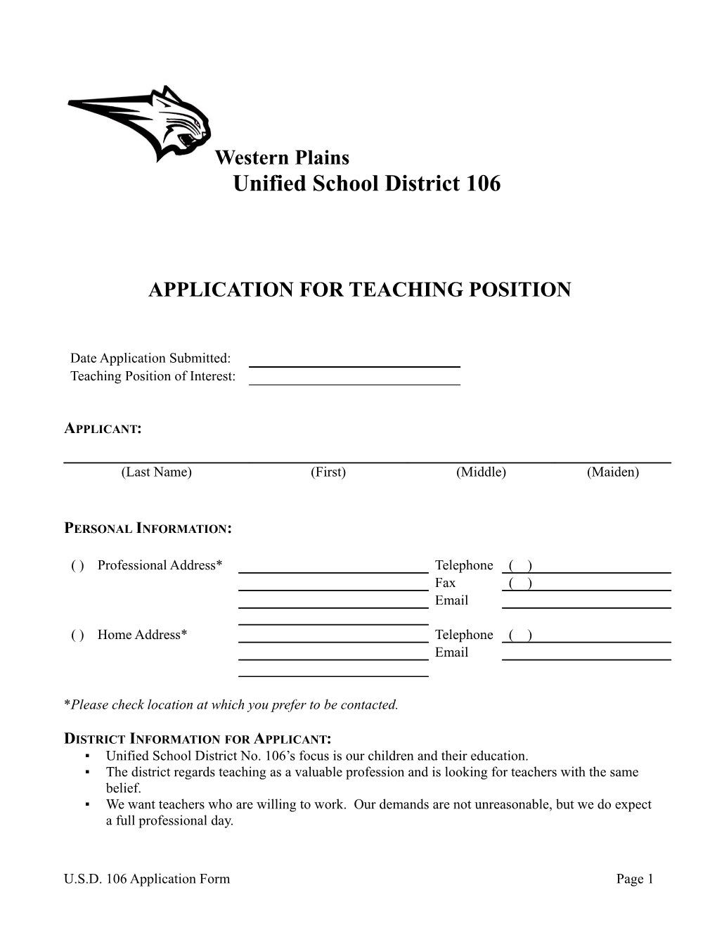 Application for Teaching Position