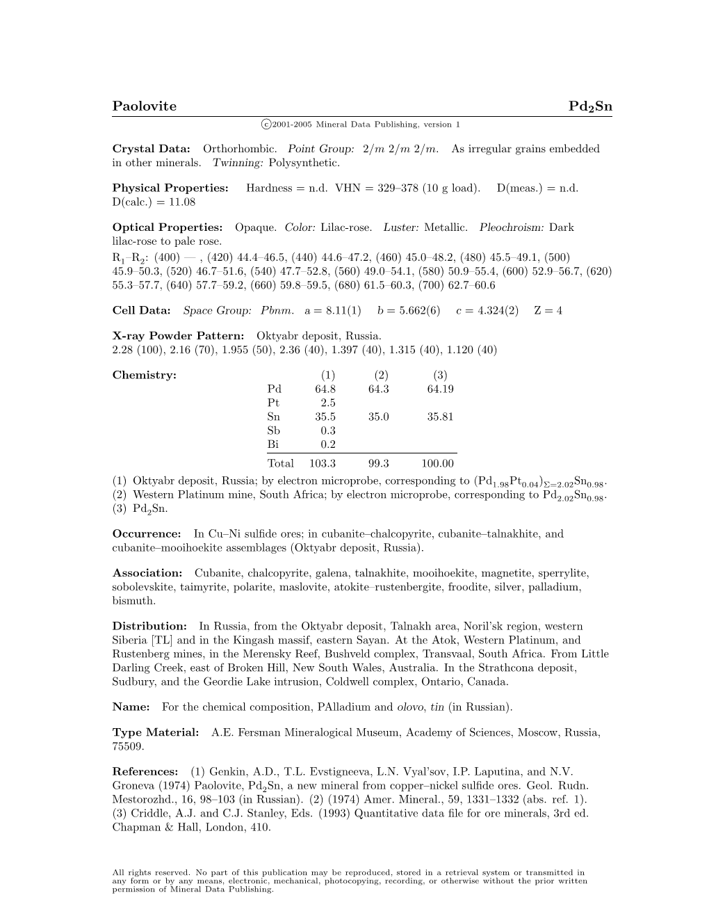 Paolovite Pd2sn C 2001-2005 Mineral Data Publishing, Version 1