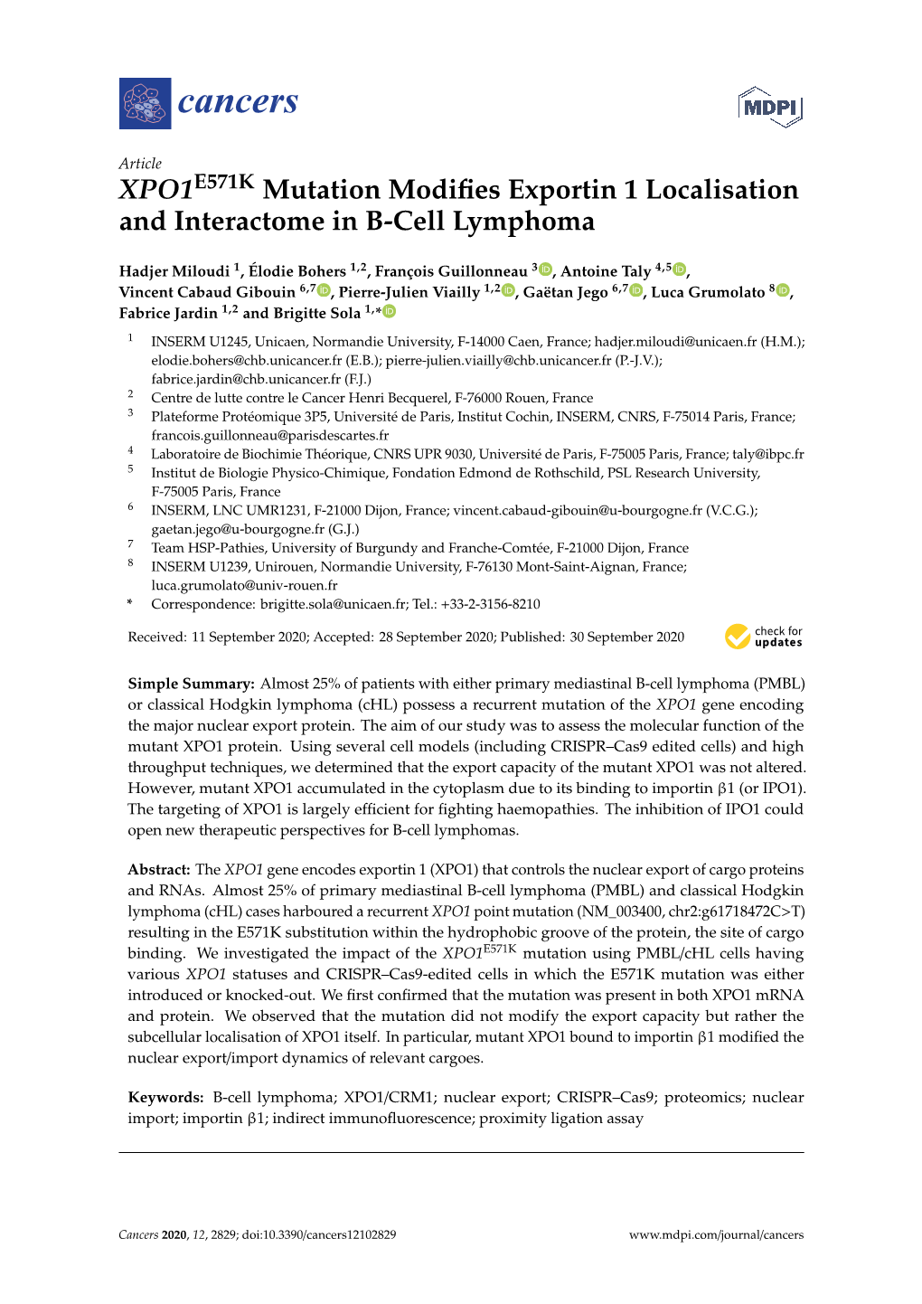 XPO1E571K Mutation Modifies Exportin 1 Localisation And