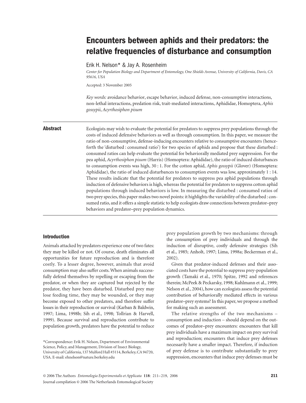 Encounters Between Aphids and Their Predators: the Relative Frequencies of Disturbance and Consumption