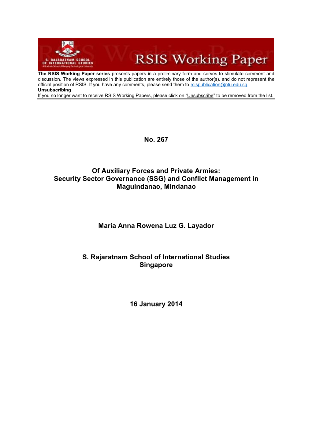 Of Auxiliary Forces and Private Armies: Security Sector Governance (SSG) and Conflict Management in Maguindanao, Mindanao