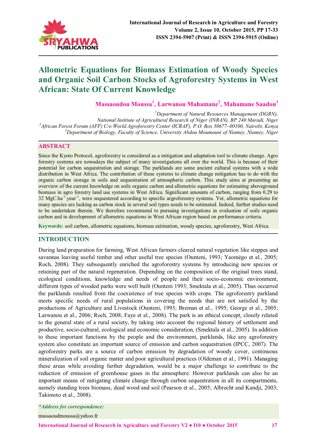 Allometric Equations for Biomass Estimation of Woody Species and Organic Soil Carbon Stocks of Agroforestry Systems in West African: State of Current Knowledge