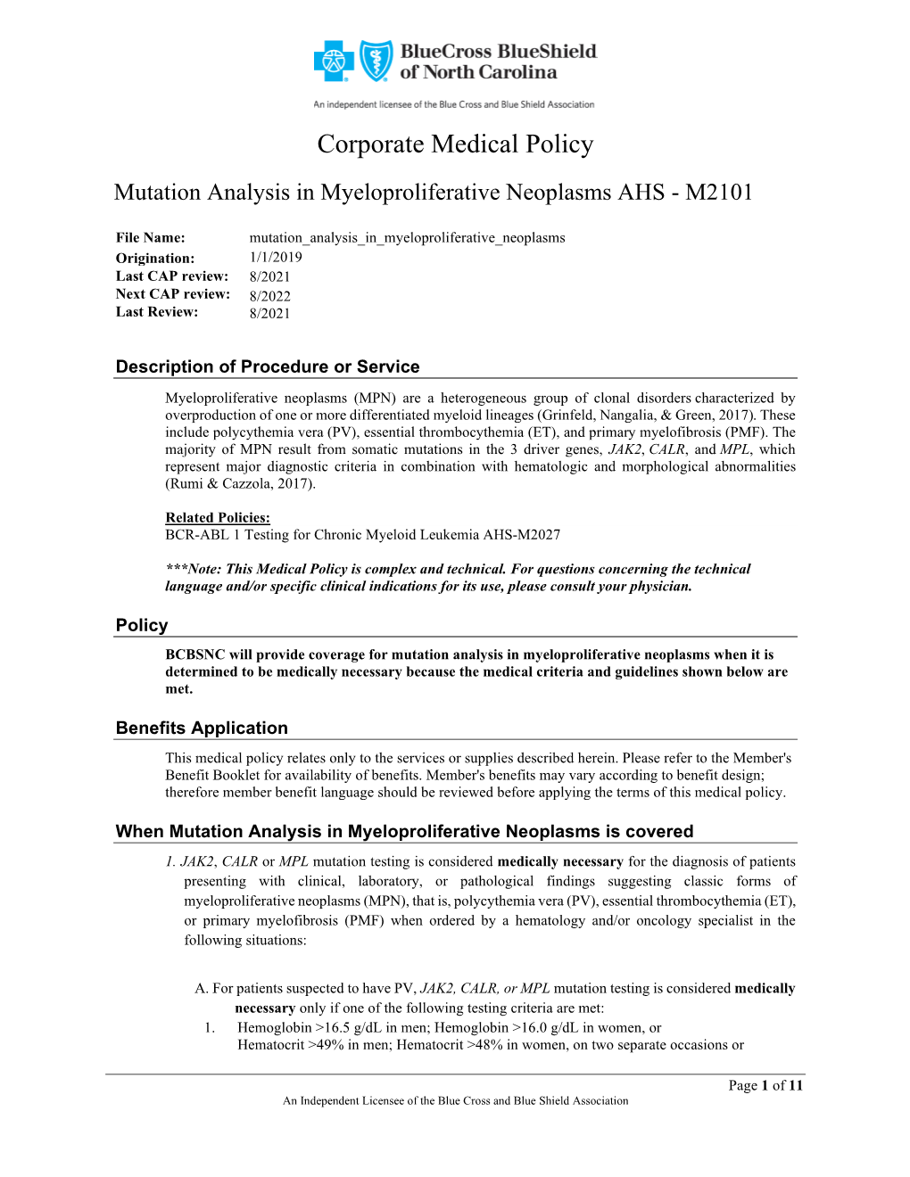 Mutation Analysis in Myeloproliferative Neoplasms AHS - M2101