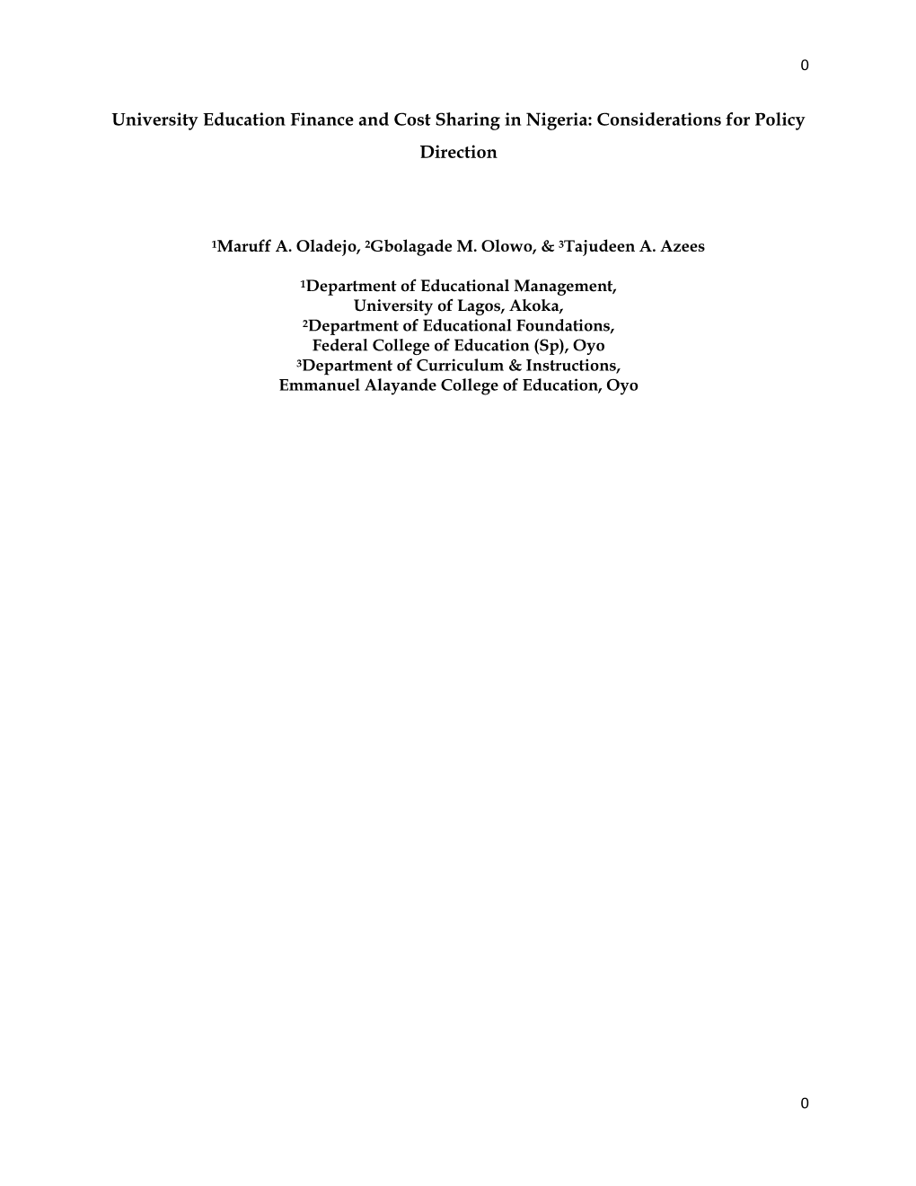 University Education Finance and Cost Sharing in Nigeria: Considerations for Policy Direction