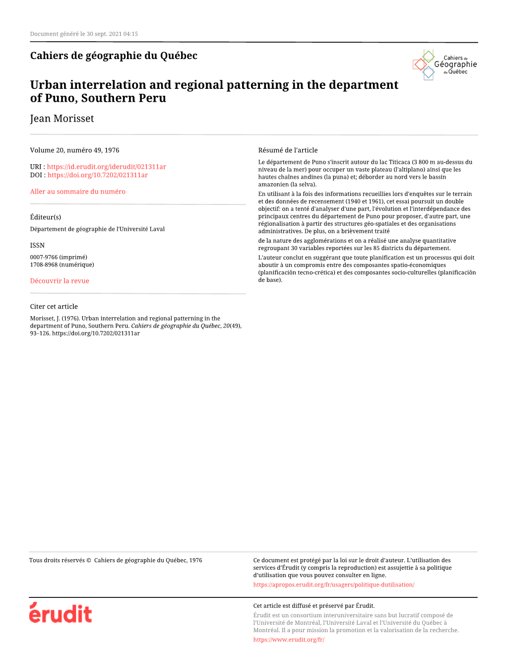 Urban Interrelation and Regional Patterning in the Department of Puno, Southern Peru Jean Morisset