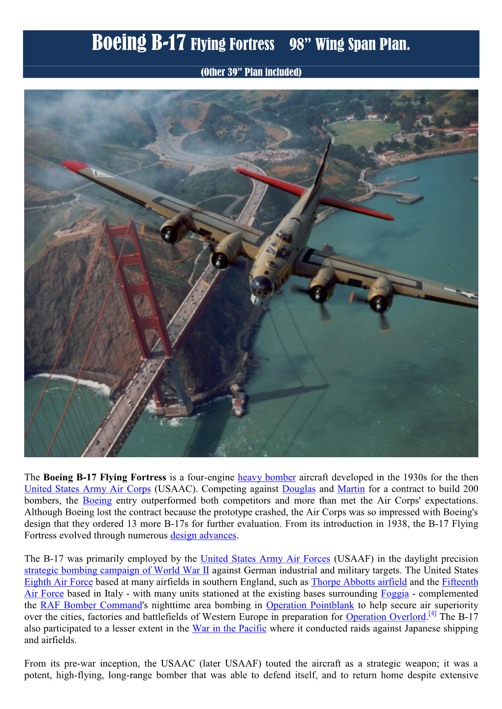 Boeing B-17 Flying Fortress 98” Wing Span Plan