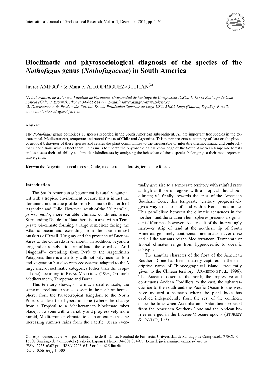 Bioclimatic and Phytosociological Diagnosis of the Species of the Nothofagus Genus (Nothofagaceae) in South America