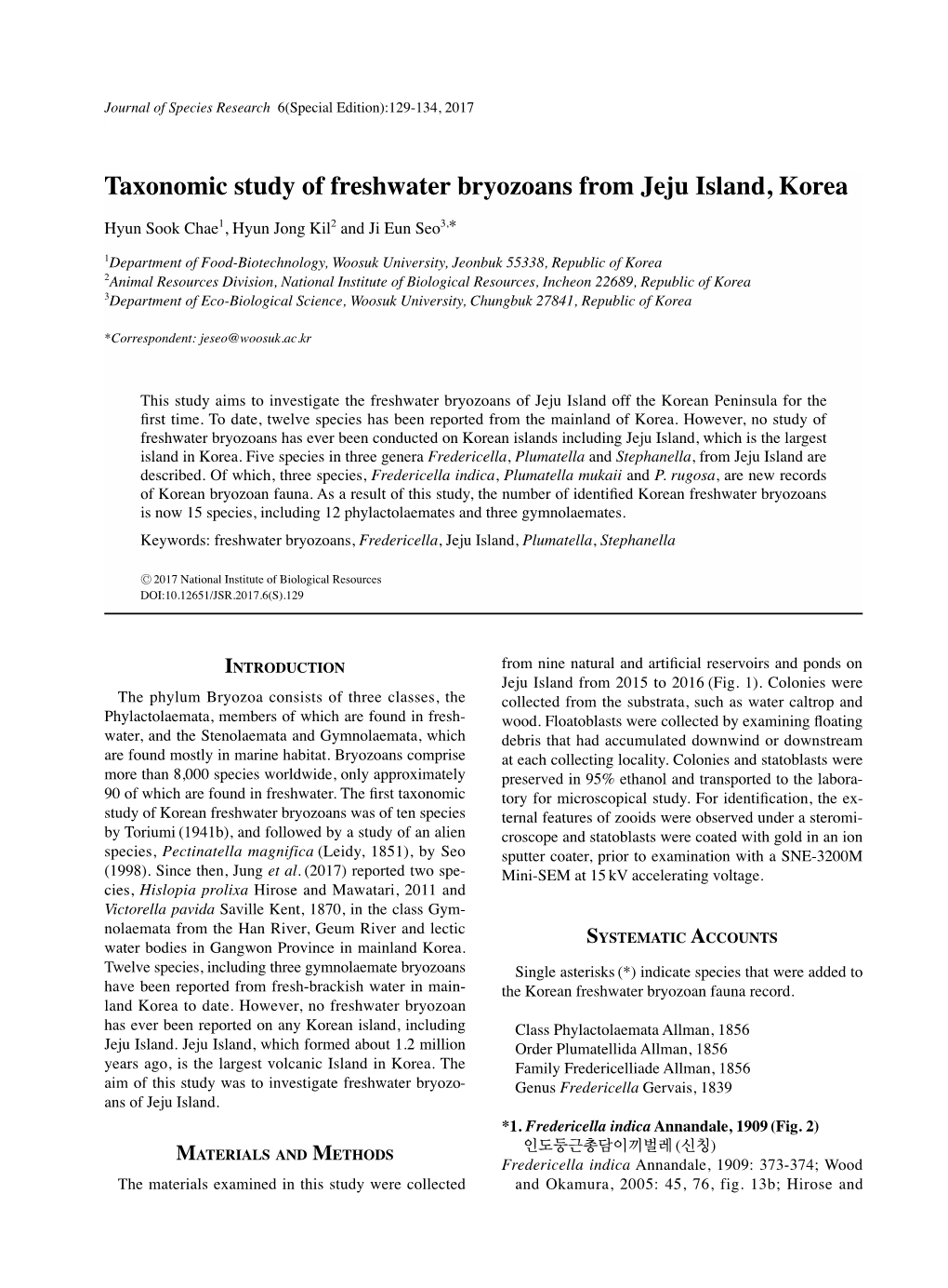 Taxonomic Study of Freshwater Bryozoans from Jeju Island, Korea