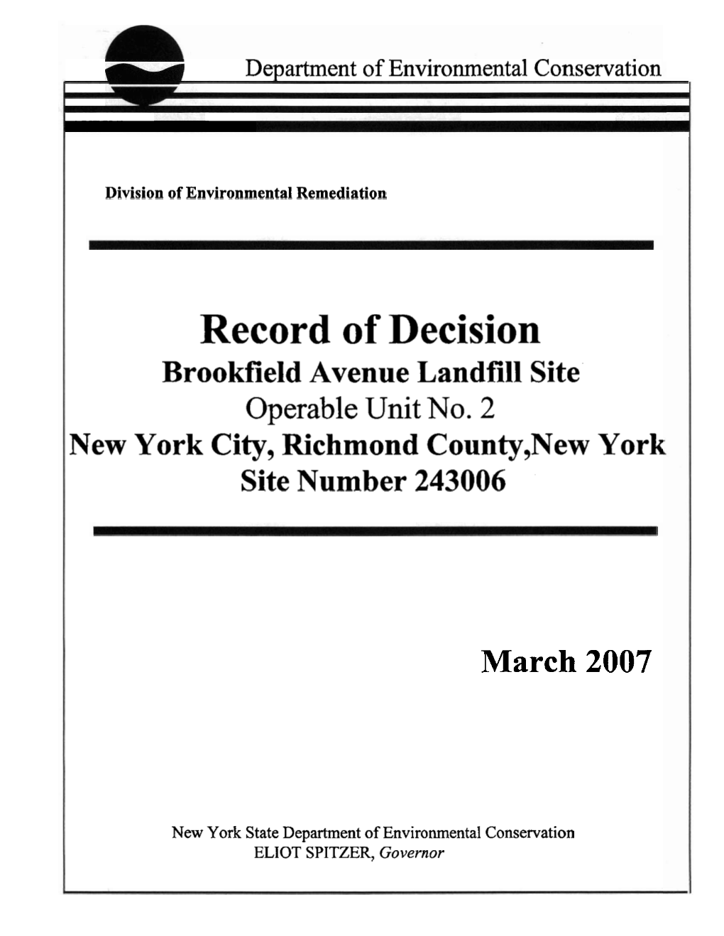 Record of Decision Brookfield Avenue Landfill Site Operable Unit No